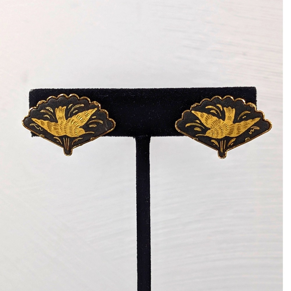 Vintage Damascene Bird Fan Clip On Earrings Gold Tone Black Spain Style